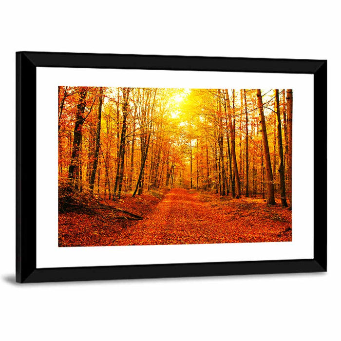 Golden Autumn Forest Path Wall Art as a framed print