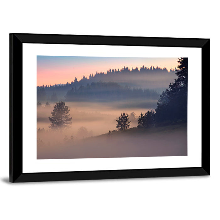 Misty Sunrise Forest Wall Art as a framed print