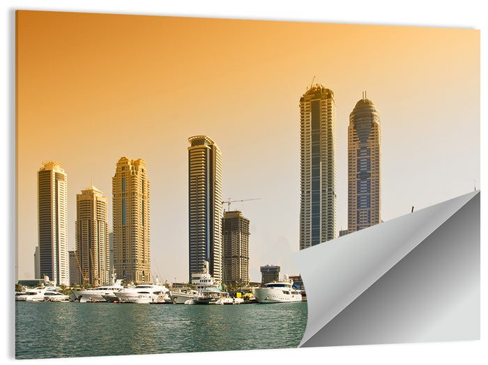 Dubai Marina Sunset Skyline with Yachts Wall Art as a poster print
