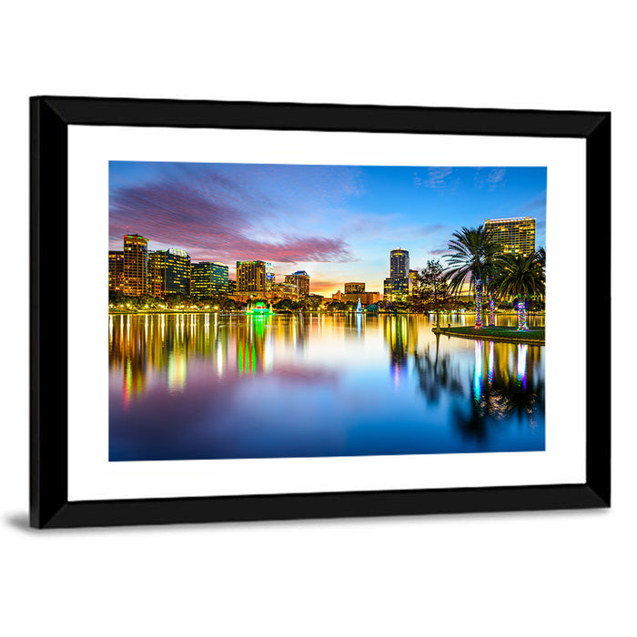 Orlando Lake Eola Skyline Wall Art as a framed print