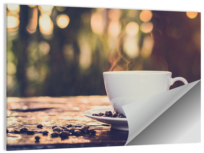 Steaming White Coffee Cup Wall Art as a poster print