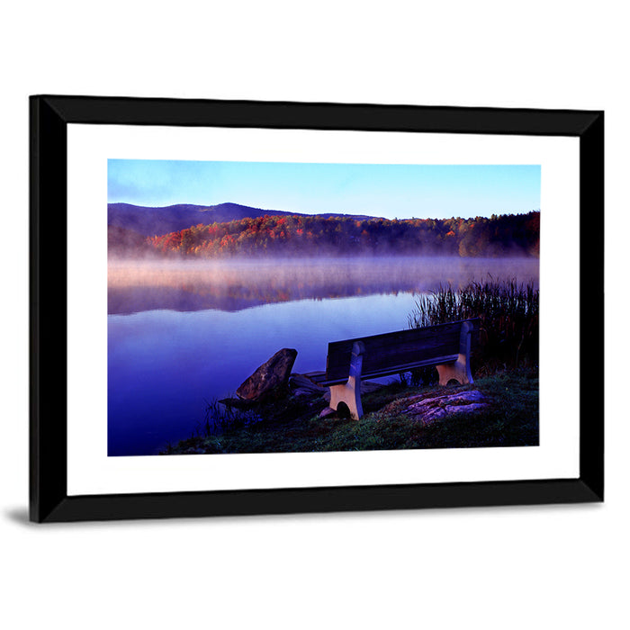Bench at Misty Lake Sunrise Wall Art as a framed print
