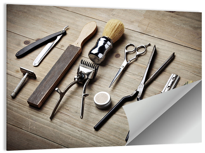 Vintage Barber Tools on Wooden Workbench Wall Art as a poster print