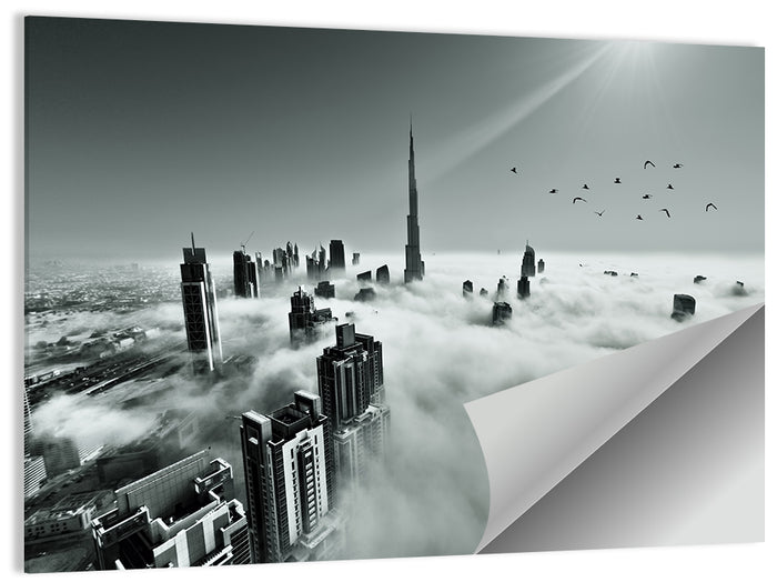 Burj Khalifa Rising Through Morning Fog Wall Art as a poster print