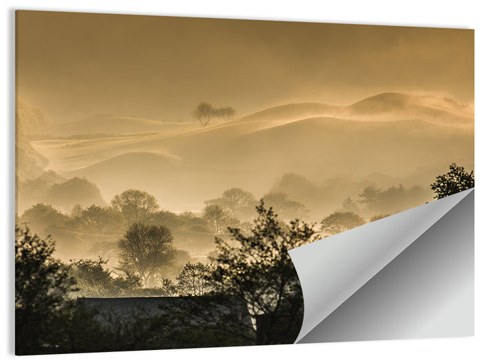 Bronze Morning Mist Over Hills Wall Art as a poster print