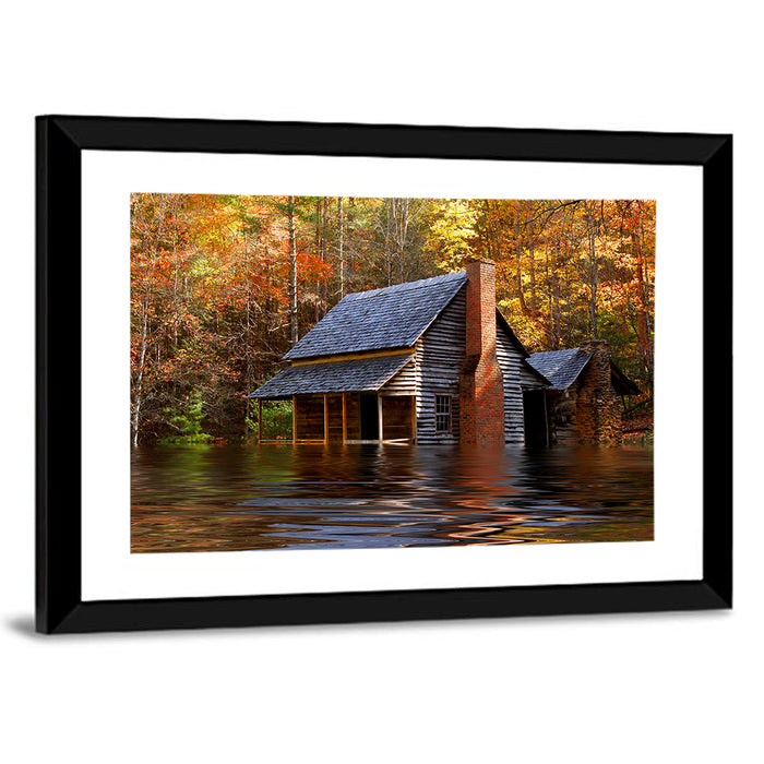 Autumn Flooded Log Cabin Wall Art as a framed print