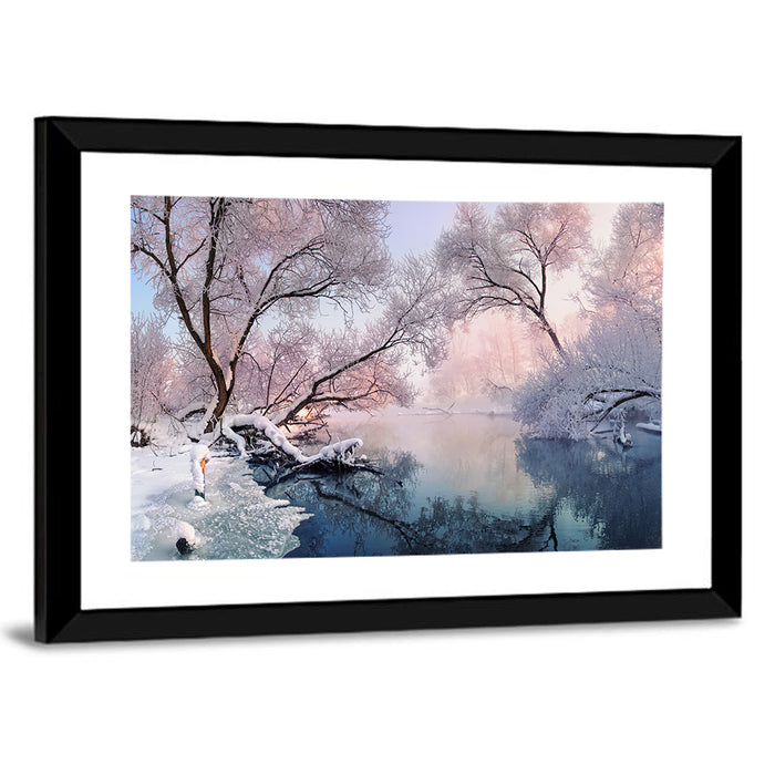 Snowy Lake Morning Mist Wall Art as a framed print