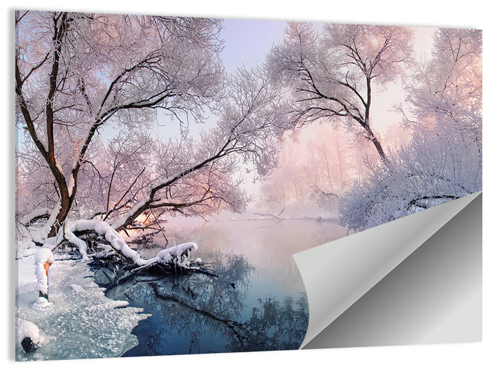 Snowy Lake Morning Mist Wall Art as a poster print