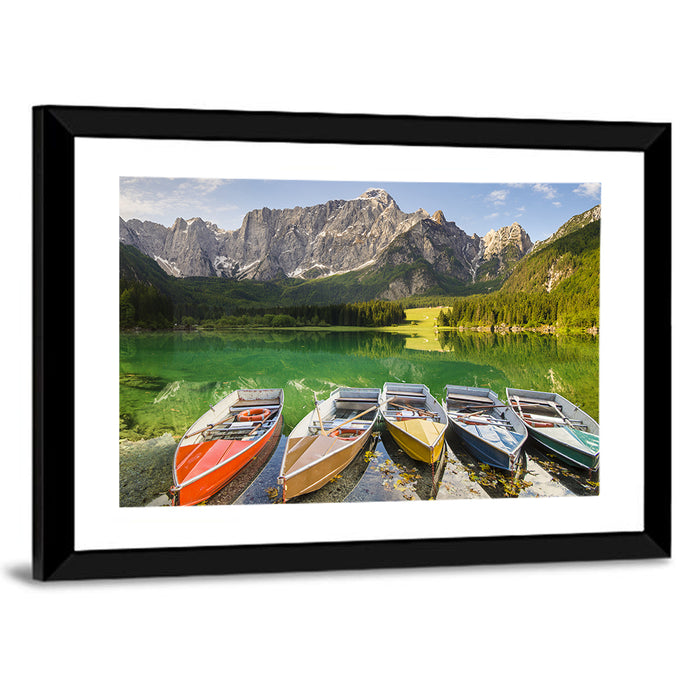 Five Boats at Lago Superiore Di Fusine Wall Art as a framed print
