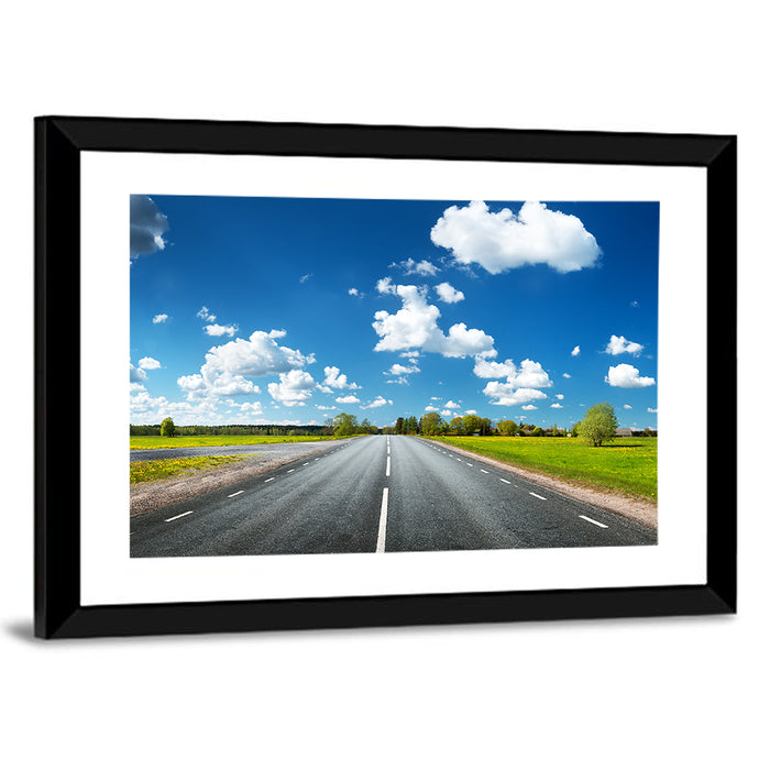 Asphalt Road Through Meadow Wall Art as a framed print