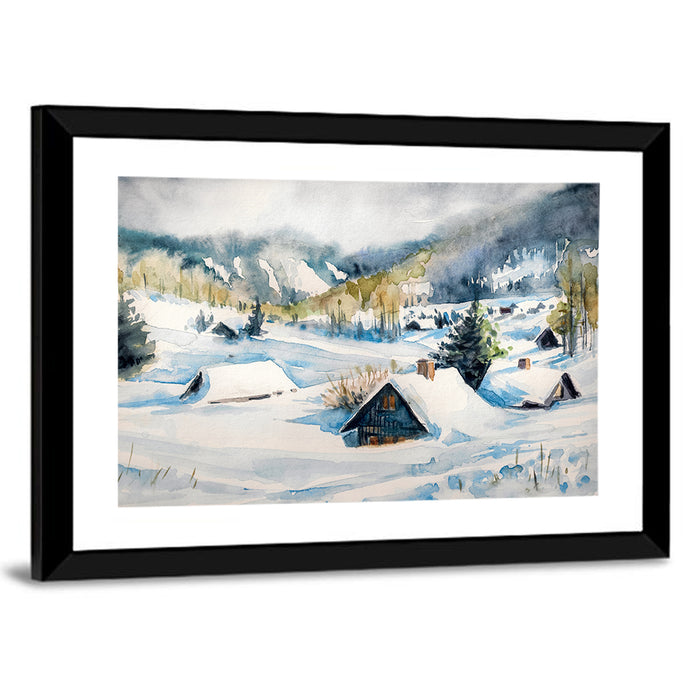 Snowy Mountain Village Wall Art as a framed print