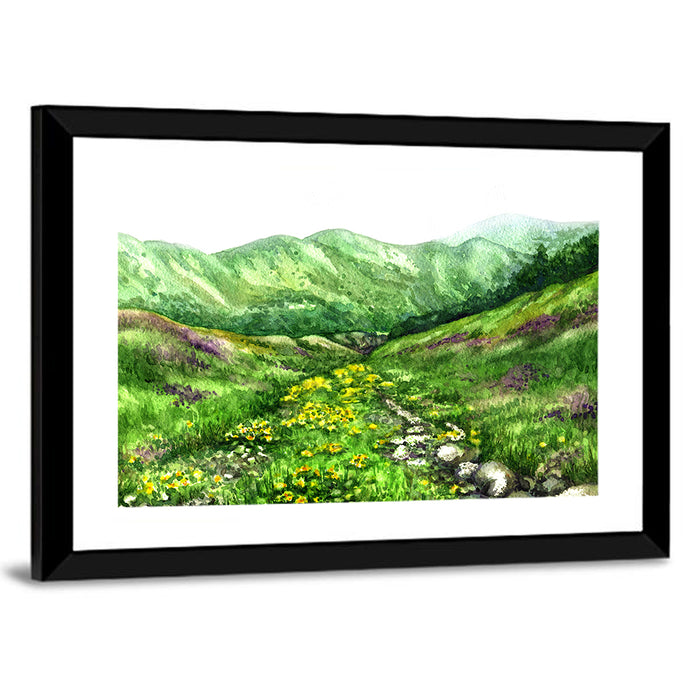 Blooming Mountain Valley Wall Art as a framed print