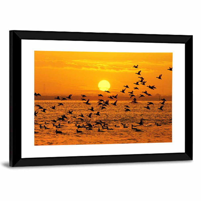Golden Flock at Sunset Wall Art as a framed print