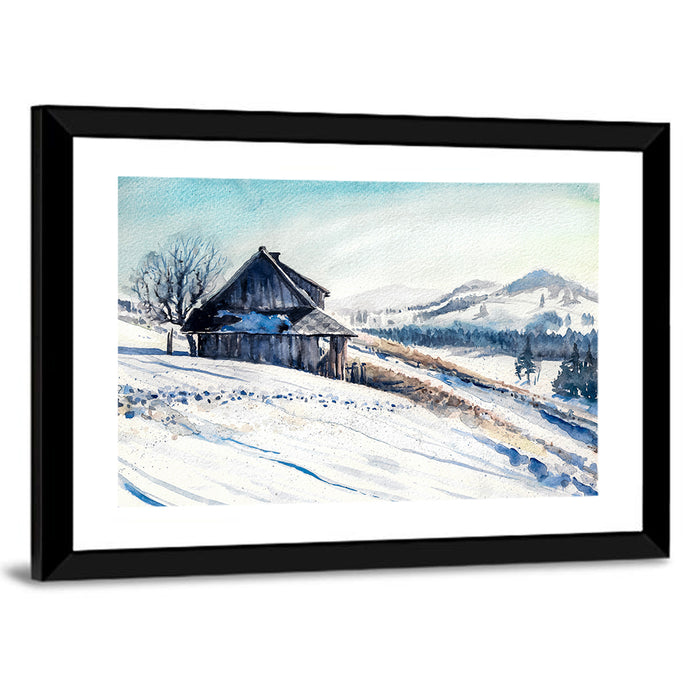 Snowy Mountain Cabin Wall Art as a framed print