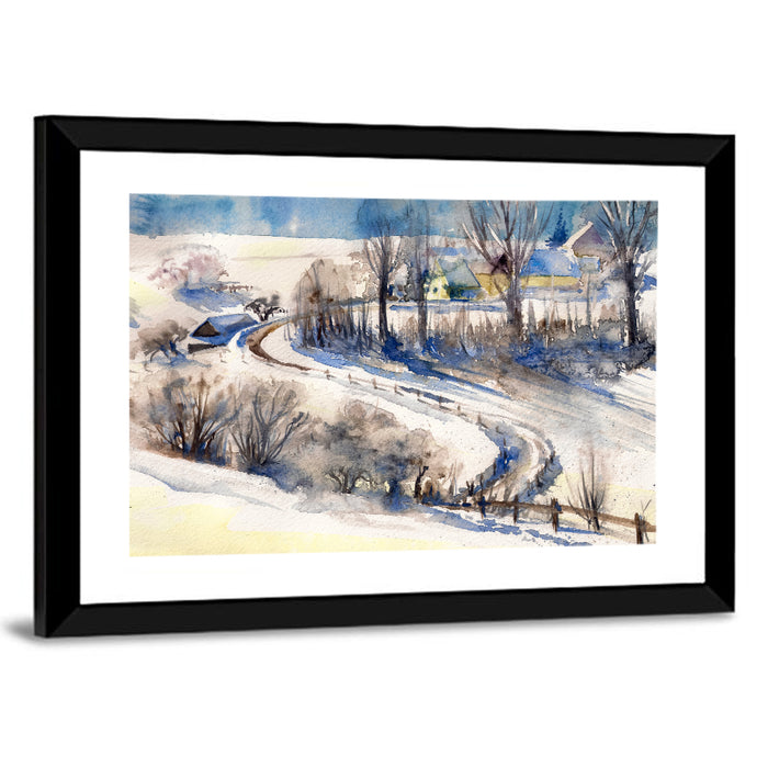 Snowy Village Road Wall Art as a framed print