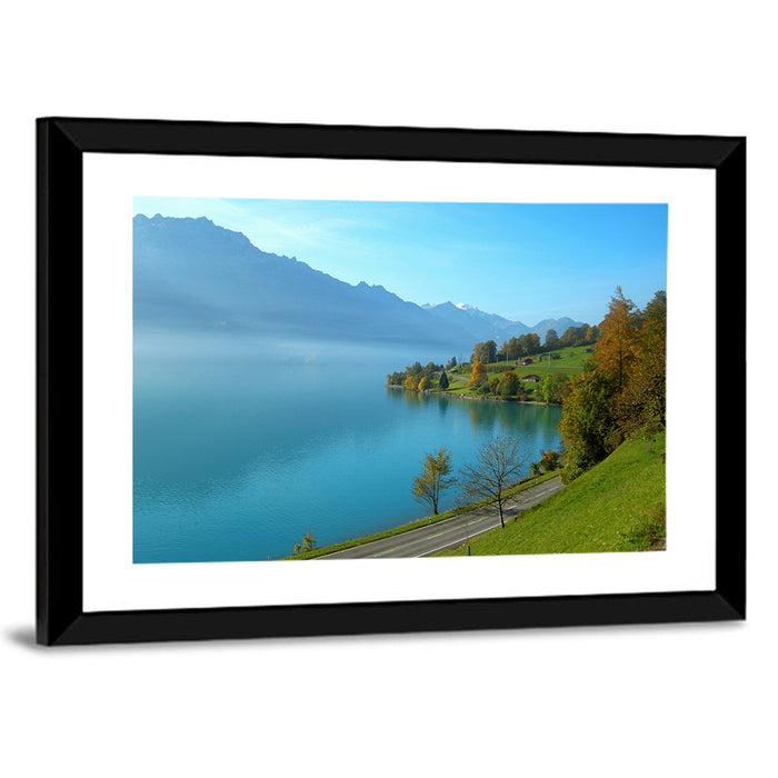 Lake Brienz Misty Shoreline Wall Art as a framed print