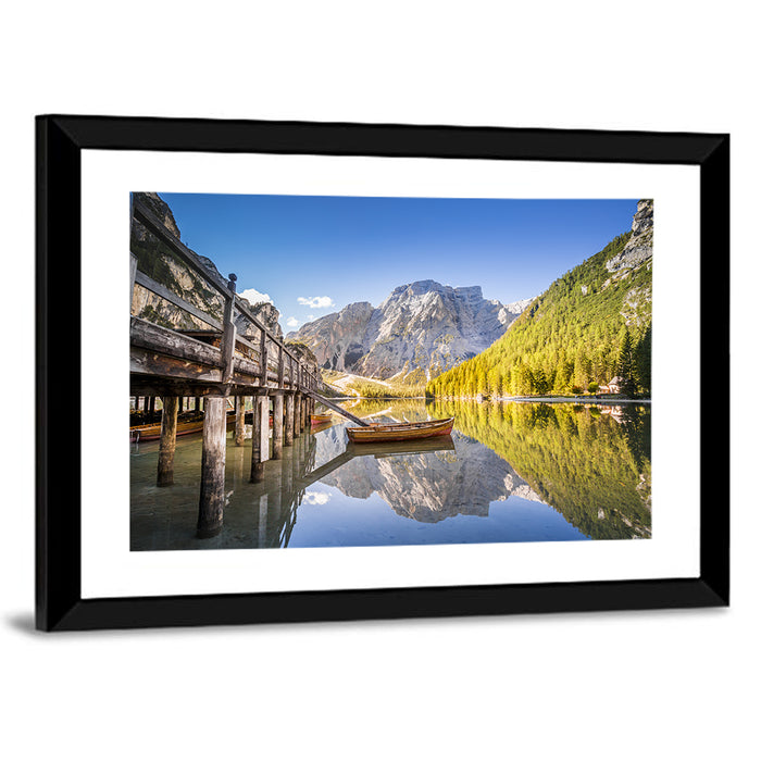 Lago Di Braies Pier Wall Art as a framed print