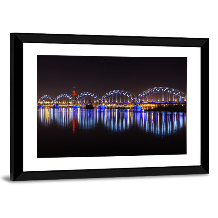 Riga Railway Bridge Nightscape Wall Art as a framed print