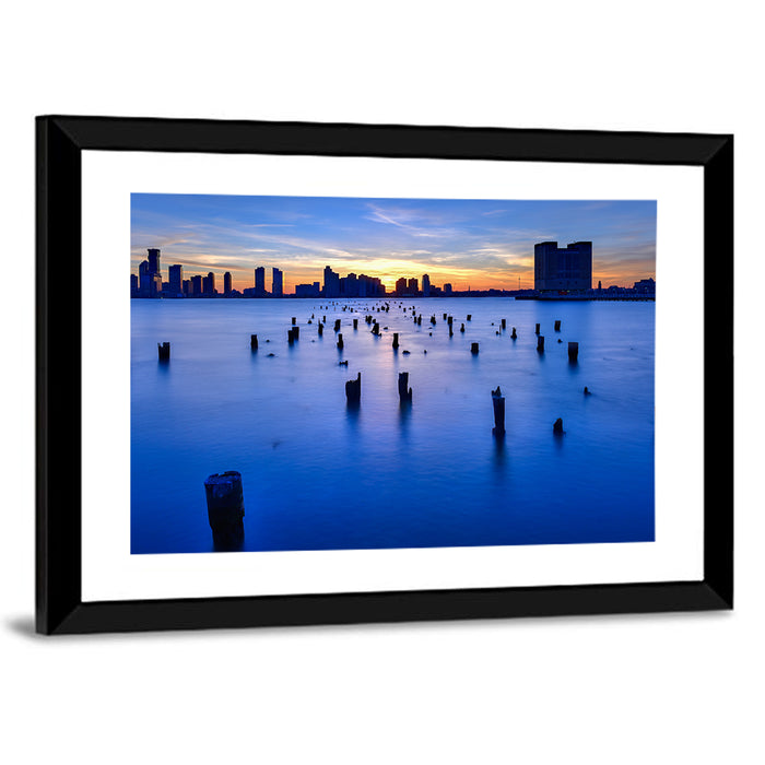 Jersey City Skyline at Dusk Wall Art as a framed print