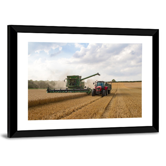 Wheat Harvest with Combine and Tractor Wall Art as a framed print
