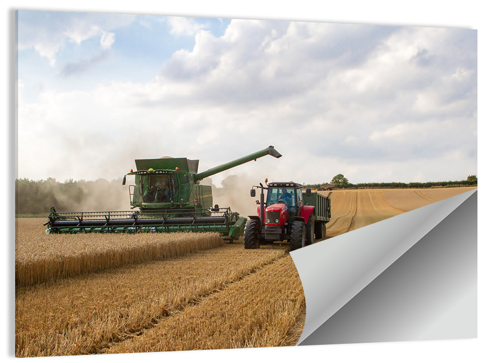 Wheat Harvest with Combine and Tractor Wall Art, poster print, landscape