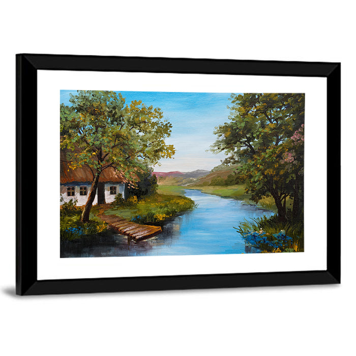 Thatched Cottage by the River Wall Art as a framed print