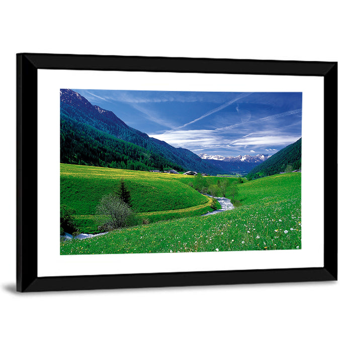 Snow-capped Peaks and Floral Meadow Wall Art as a framed print