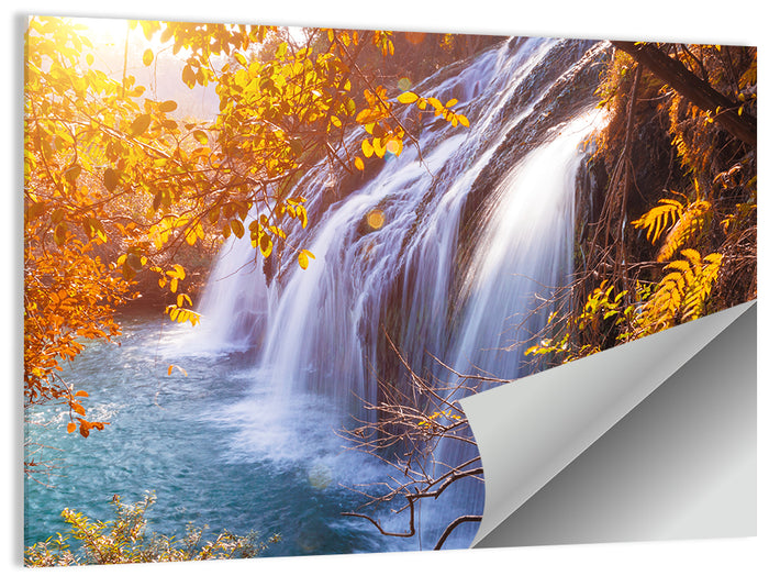 Golden Hour Waterfall in Autumn Forest Wall Art as a poster print