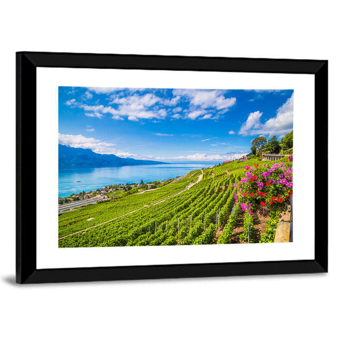 Lavaux Vineyard Terraces Over Lake Geneva Wall Art as a framed print