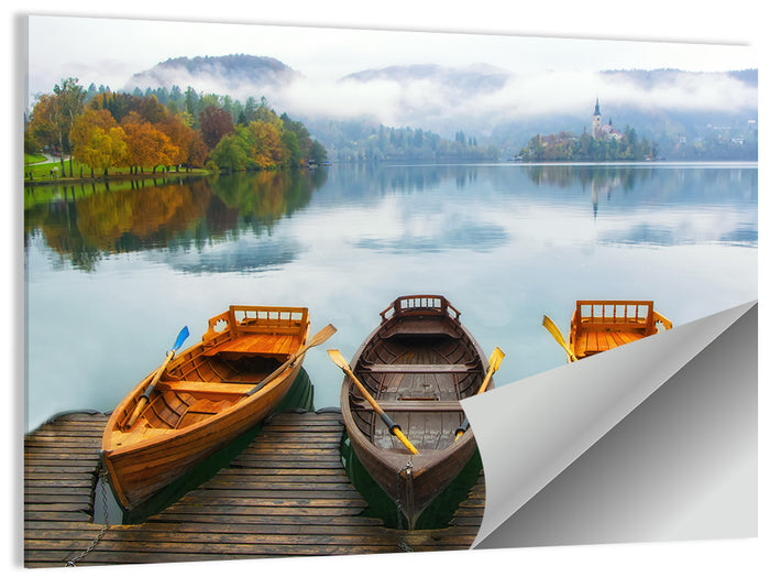Moored Boats on Misty Lake Bled Wall Art as a poster print
