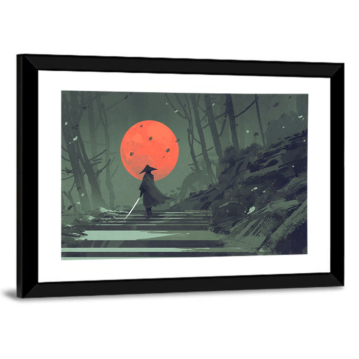 Samurai Under Red Moon Wall Art as a framed print