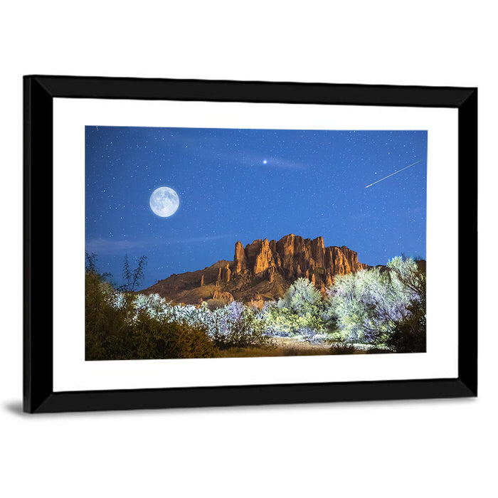 Moonlit Superstition Mountains Arizona Wall Art as a framed print