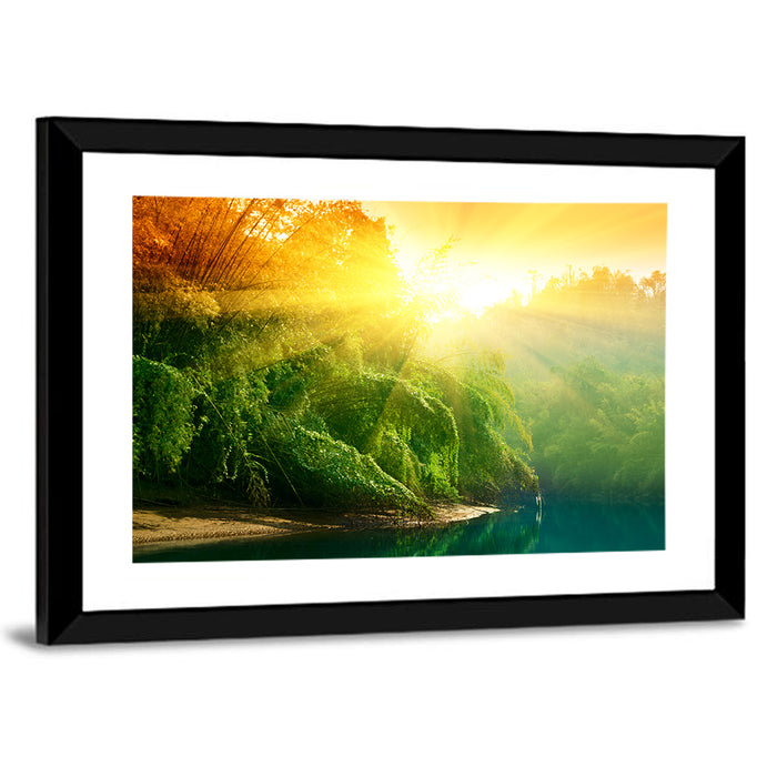 Golden Bamboo Riverbank Wall Art as a framed print