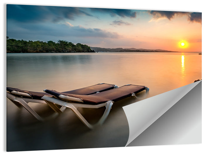 Sunset Over Coastal Lounge Chairs Wall Art as a poster print