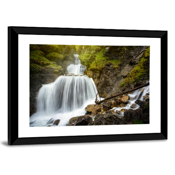 White Cascade Over Mossy Rocks Wall Art as a framed print