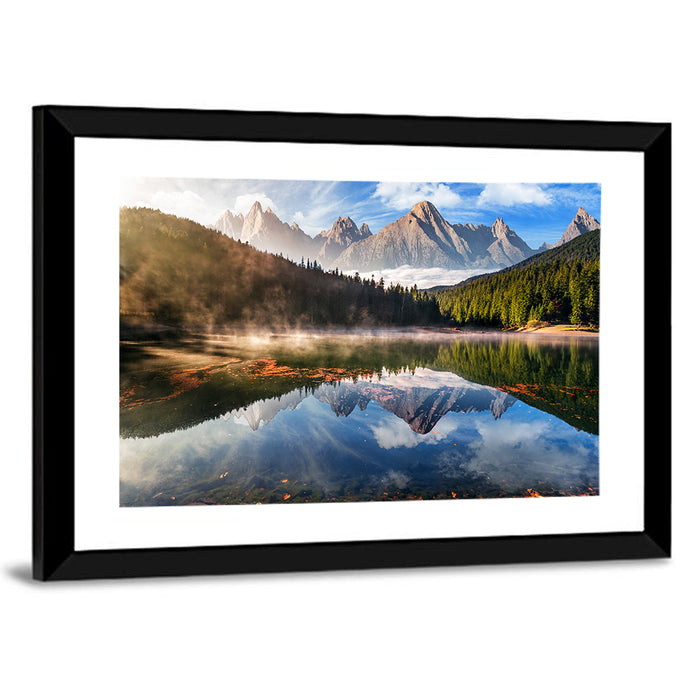 Morning Mist Mountain Lake Wall Art as a framed print