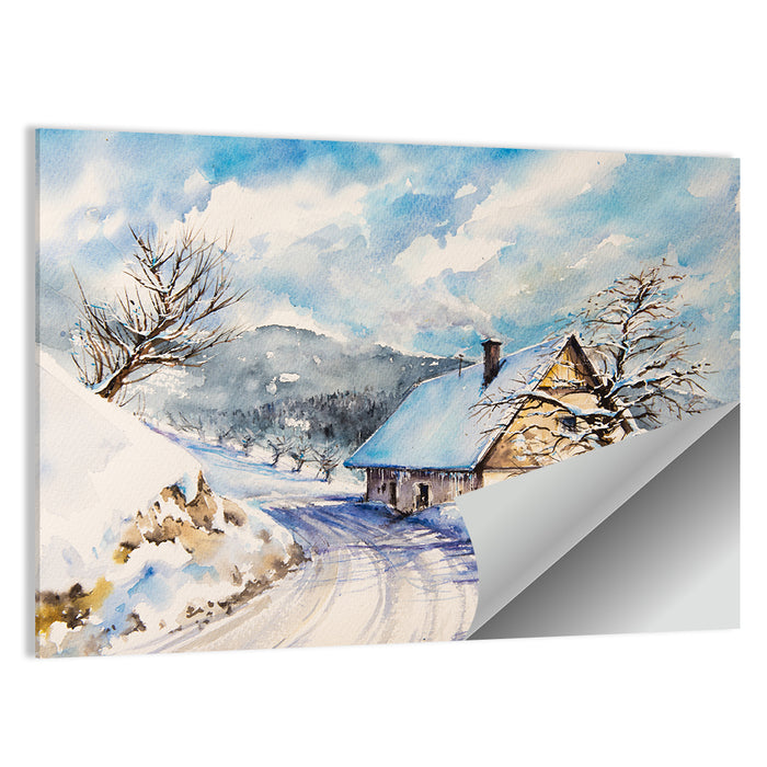 Snowy Mountain Cottage on Curved Path Wall Art as a poster print