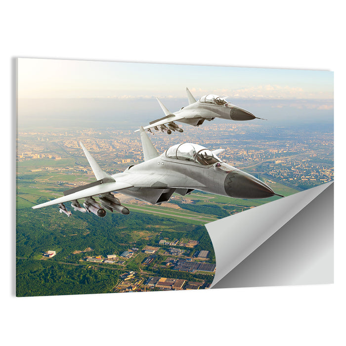 Twin Fighter Jets Over Cityscape Wall Art as a poster print