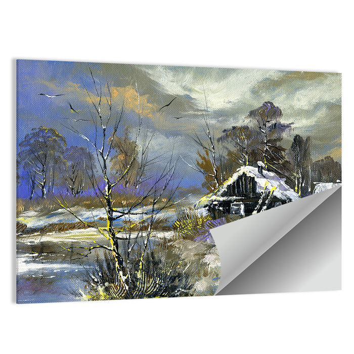 Winter Cottage by the River Wall Art as a poster print