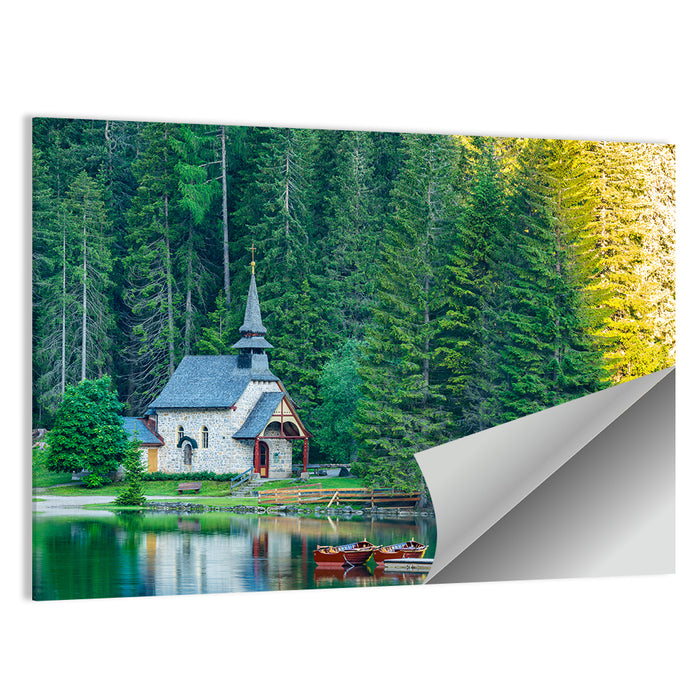 Lago Di Braies Chapel Reflection Wall Art as a poster print