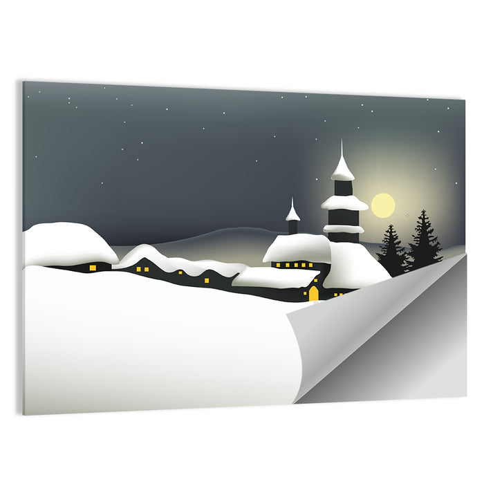 Moonlit Winter Village Illustration Wall Art as a poster print