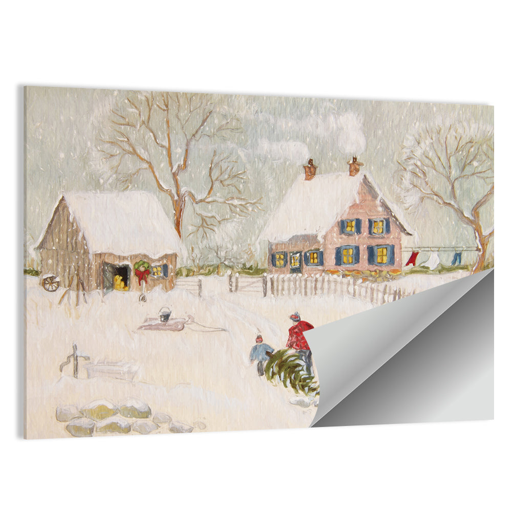 Winter Farm Scene Illustration Wall Art