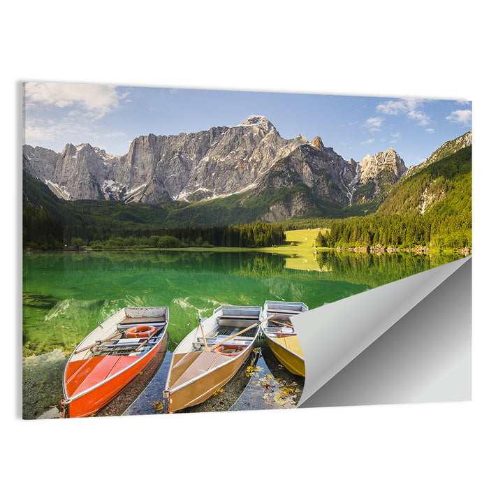 Five Boats at Lago Superiore Di Fusine Wall Art as a poster print