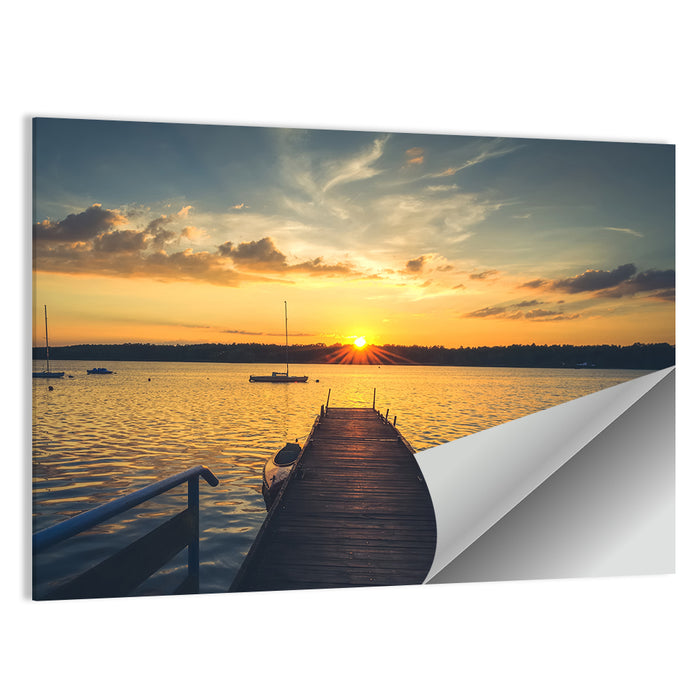 Sunset Pier with Sailboat Wall Art as a poster print