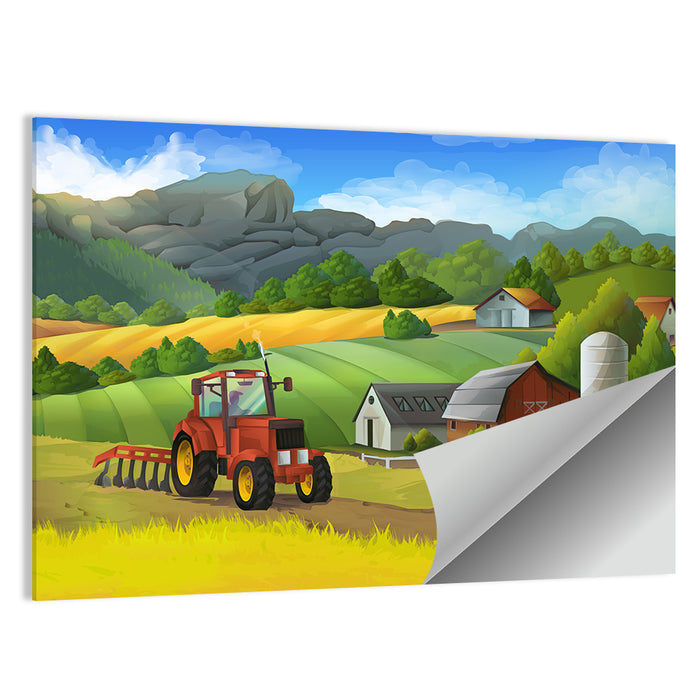 Red Tractor Farm Landscape Wall Art as a poster print