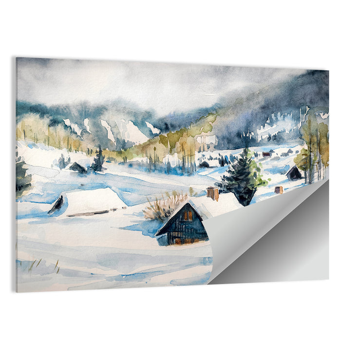 Snowy Mountain Village Wall Art as a poster print