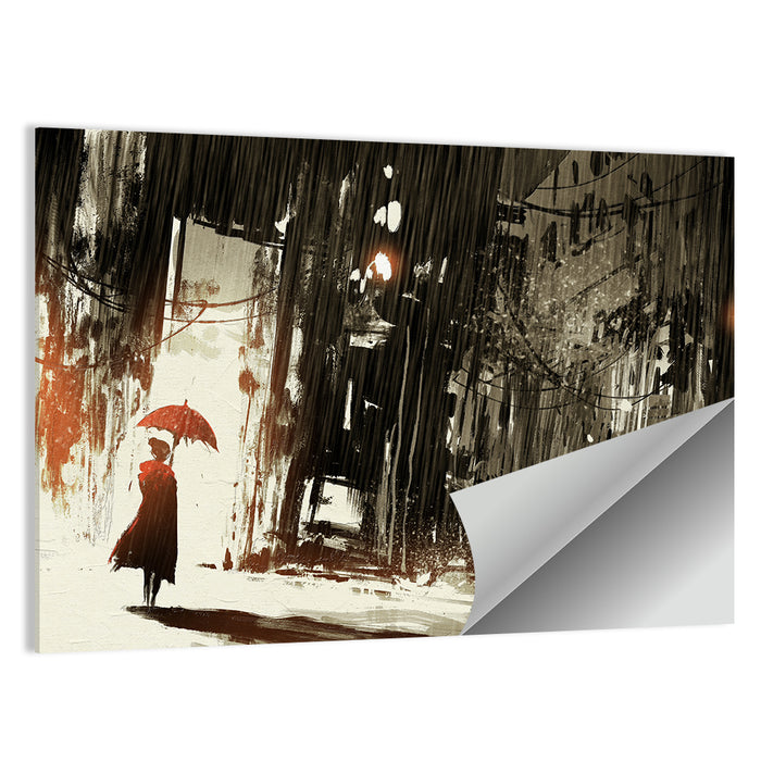 Woman with Umbrella on Rainy Street Wall Art as a poster print