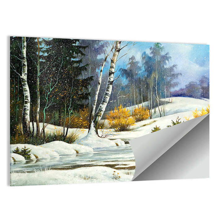 Birch Trees and Frozen Creek Landscape Wall Art as a poster print