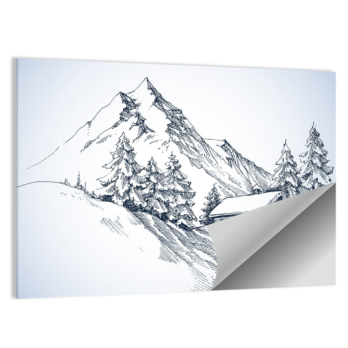 Snowy Mountain Cabin Sketch Wall Art as a poster print