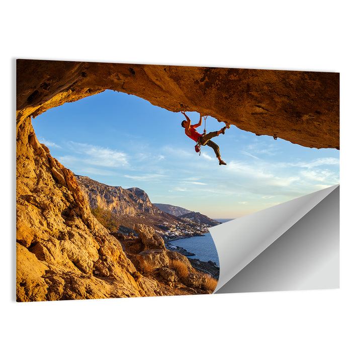 Climber on Overhanging Coastal Rock Wall Art as a poster print